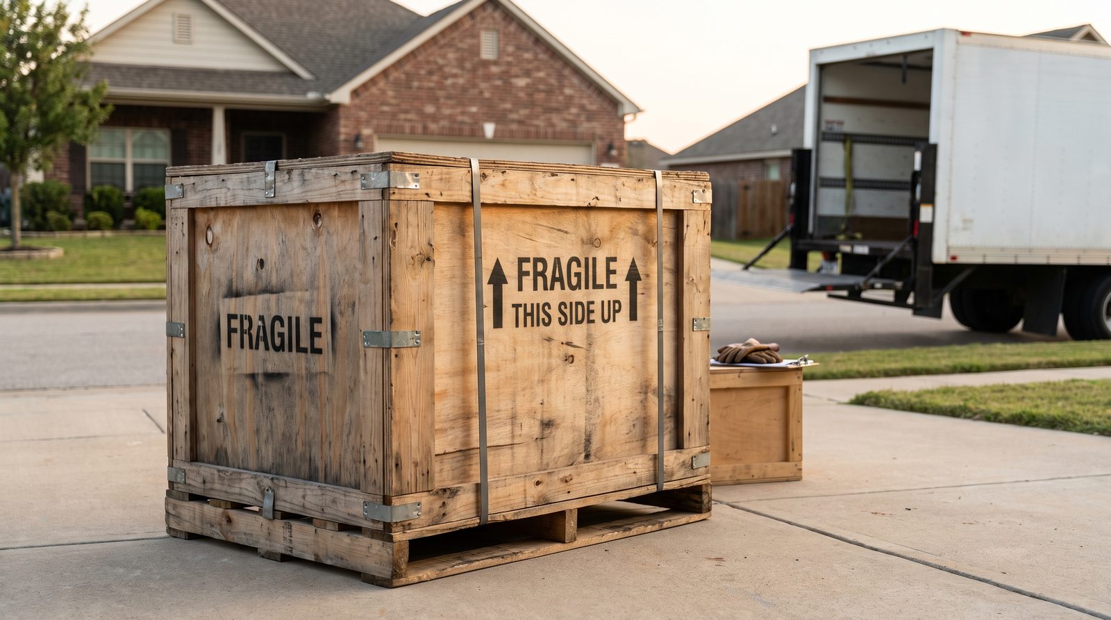 Aircraft shipping crate freshly delivered to a customer's driveway