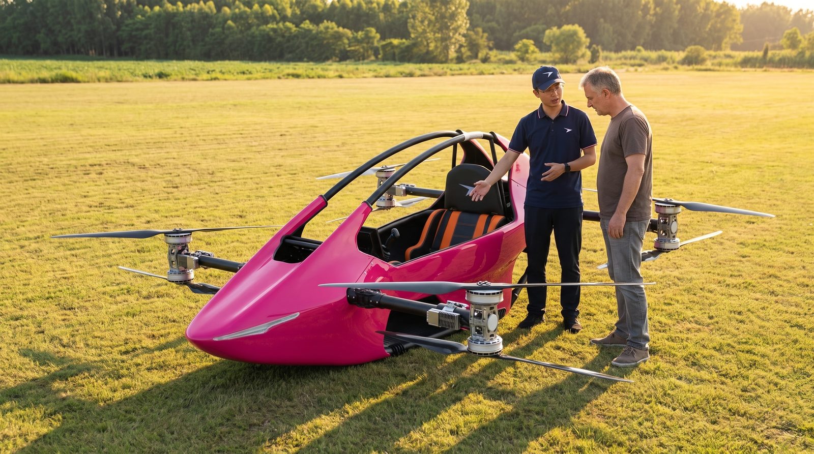 Factory test pilot walking a new owner through the S-Zero controls in an open field