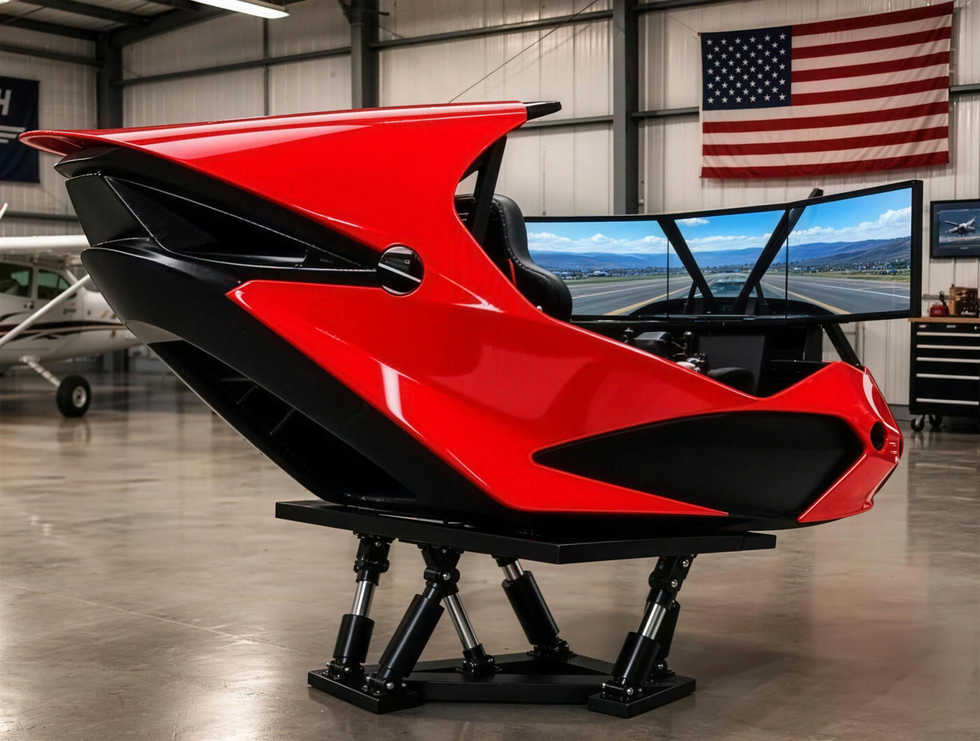 S-Zero flight simulator — red full-motion cockpit with panoramic flight displays at the Rise Vertical Flight Training Center